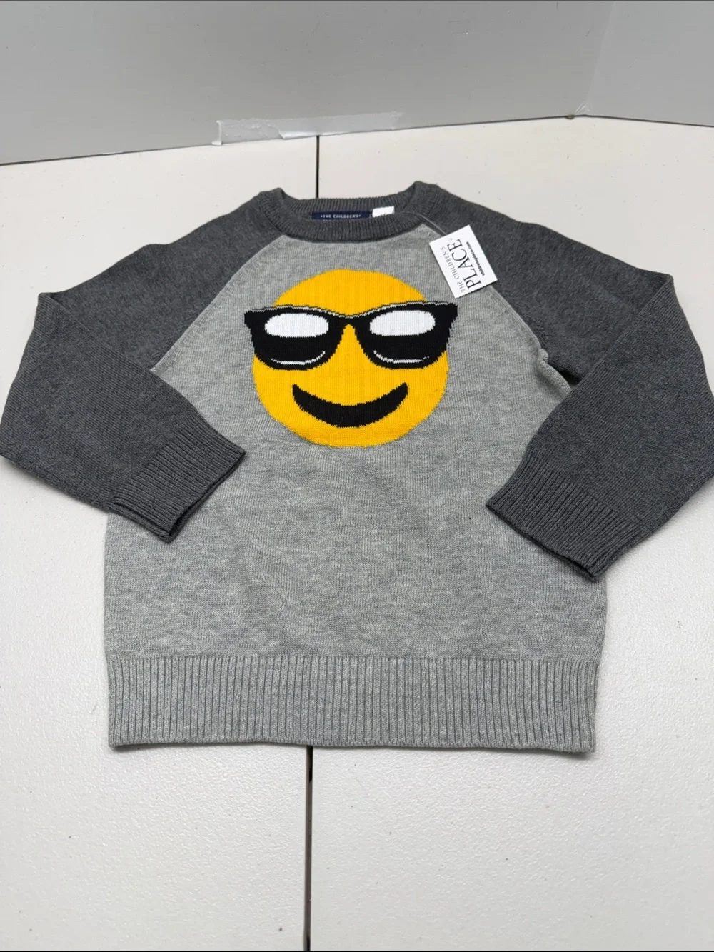 The Children's Place Gray Crewneck Sweater with Yellow Sunglasses Emoji